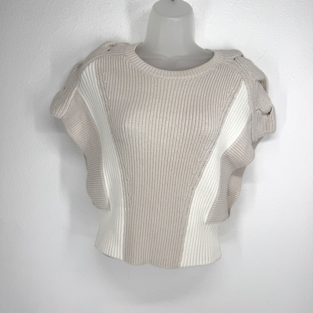 IRO Paris Kalou Ribbed Knit Two Tone Short Sleeve Sweater Beige Cream Small